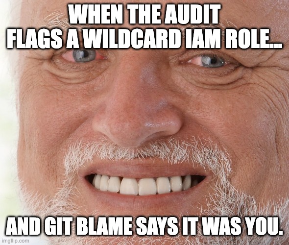 Hide the Pain Harold meme: when the audit flags a wildcard IAM role and git blame says it was you